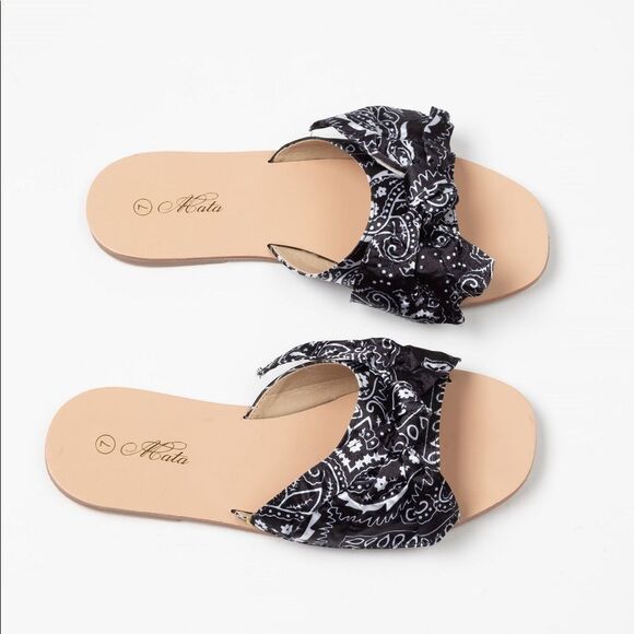 Black Bandana Bow Slides Sandals - Picture 7 of 9